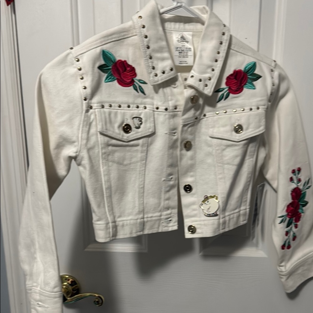 Embroidered White Beauty and the Beast Belle Denim Jacket with Red Roses
